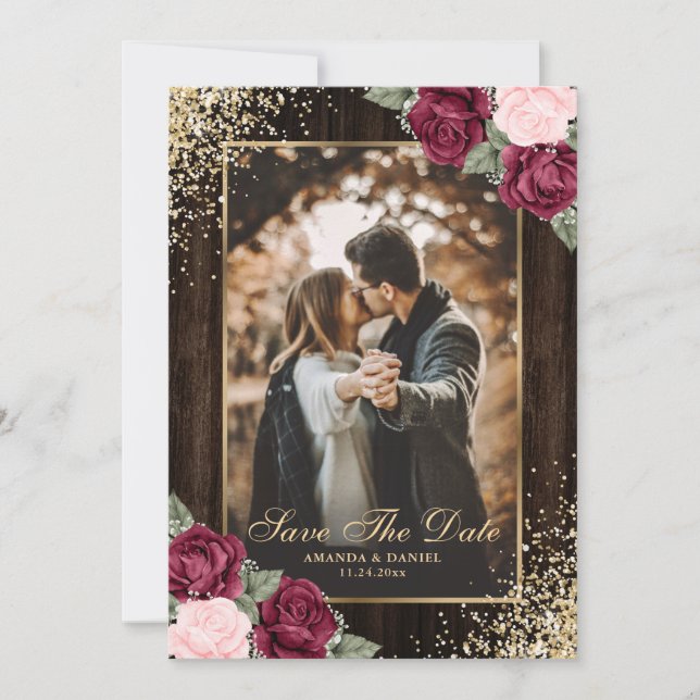 Save The Date Burgundy Blush Gold Wood Floral Mariage Photo (Devant)