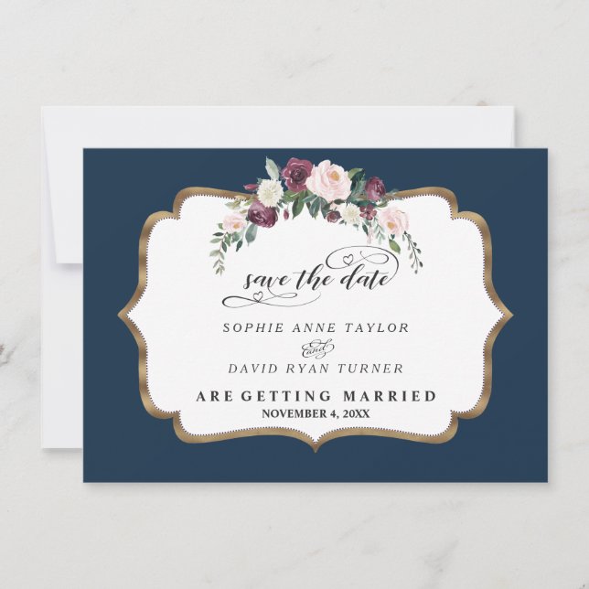 Save The Date Burgundy Blush Ivory Florom Gold Mariage (Devant)