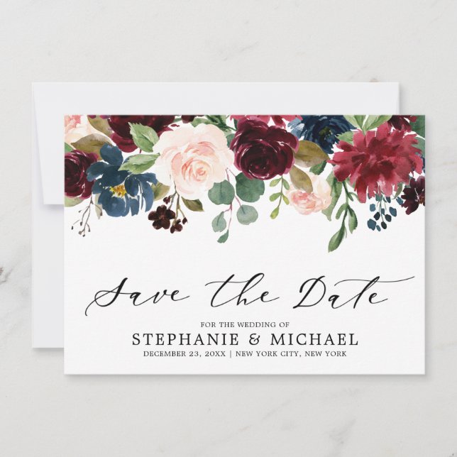 Save The Date Burgundy Blush Navy Bleu Botanique Floral Mariage (Devant)
