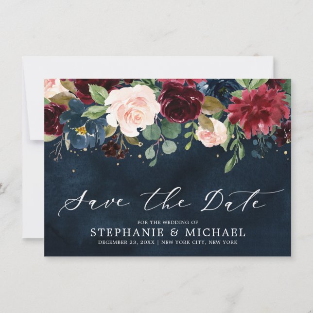 Save The Date Burgundy Blush Navy Bleu Botanique Floral Mariage (Devant)