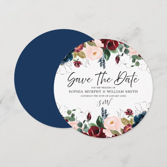 Save The Date Burgundy Blush & Navy Floral Mariage (Devant / Derrière)