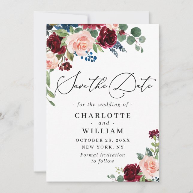 Save The Date Burgundy Blush Navy Floral Roses Floral Mariage (Devant)