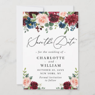 Save The Date Burgundy Blush Navy Floral Roses Floral Mariage