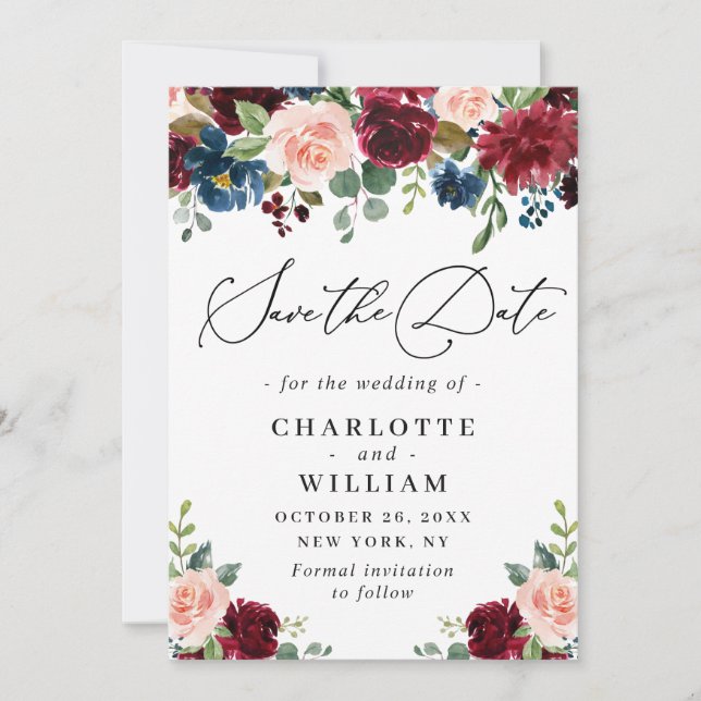 Save The Date Burgundy Blush Navy Floral Roses Floral Mariage (Devant)