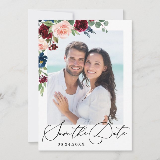 Save The Date Burgundy Blush Navy Floral Roses Mariage PHOTO Sav (Devant)
