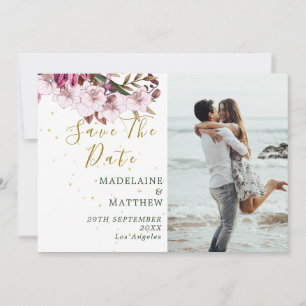 Save The Date Burgundy Blush Photo Floral Gold Elegant Chic