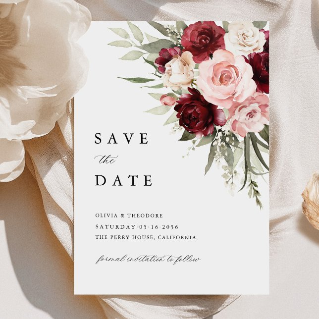 Save The Date Burgundy Blush Pink Floral Rose Wedding (Burgundy blush pink floral save the date card, elegant wedding stationery rose invitation)