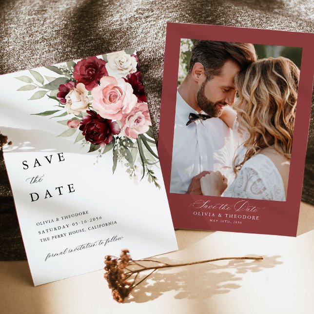 Save The Date Burgundy Blush Pink Floral Wedding Photo (Burgundy blush pink floral photo save the date card wedding invitation rose stationery couple photo)