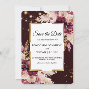 Save The Date Burgundy Blush rose Floral & Gold Frame & Lumières