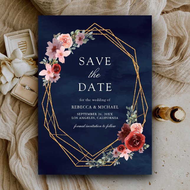 Save The Date Burgundy Blush Roses Rose bleu marine Mariage (Créateur téléchargé)