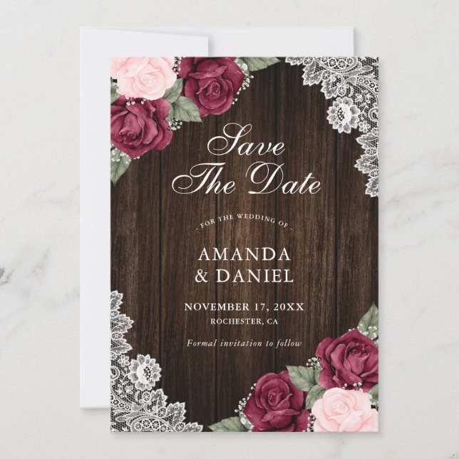 Save The Date Burgundy Blush Wood Floral Mariage Photo (Devant)