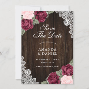 Save The Date Burgundy Blush Wood Floral Mariage Photo
