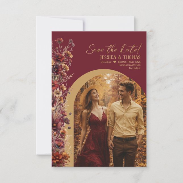 Save The Date Burgundy Boho Chic Wildflowers Arch Photo Wedding (Devant)