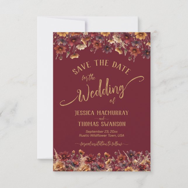 Save The Date Burgundy Boho Chic Wildflowers Calligraphy Wedding (Devant)