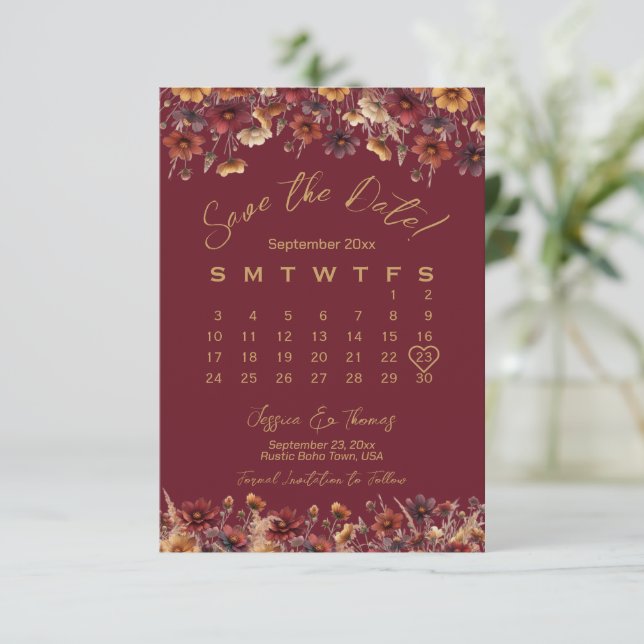 Save The Date Burgundy Boho Chic Wildflowers Wedding Calendar (Debout devant)