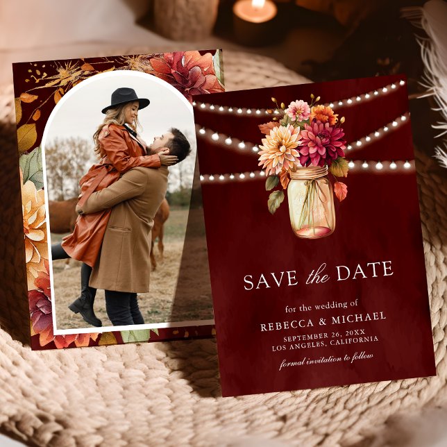 Save The Date Burgundy Fall Dahlia Mason Jar Mariage photo (Créateur téléchargé)