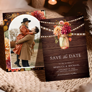 Save The Date Burgundy Fall Dahlia Mason Jar Photo Mariage en bo