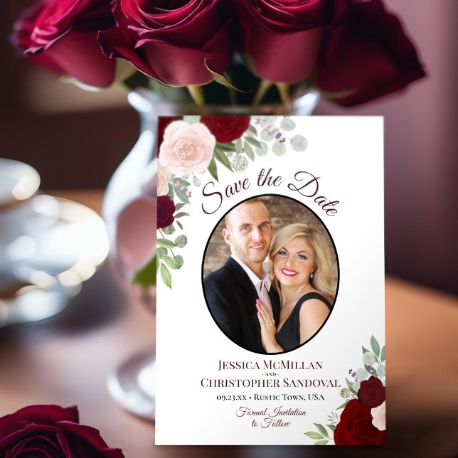Save The Date Burgundy Floral Elegant Boho Mariage Photo (Créateur téléchargé)