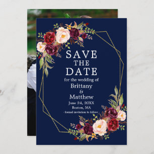 Save The Date Burgundy Floral Gold Geo Frame Photo