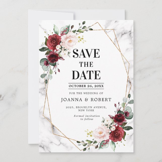Save The Date Burgundy Floral Marble Mariage Géométrique (Devant)
