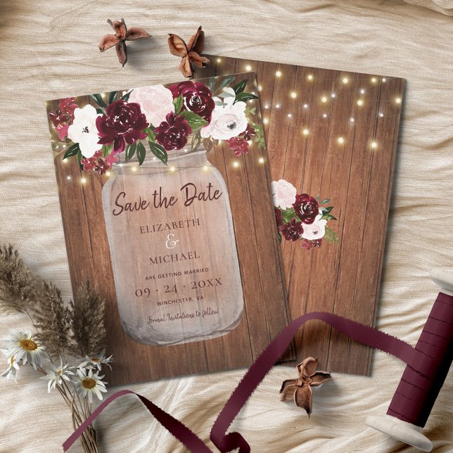 Save The Date Burgundy Floral Rustic Wood Wedding Enregistrer la (Créateur téléchargé)