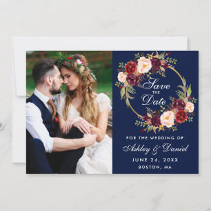 Save The Date Burgundy Floral Wreath Blue Enregistrer La Date Ph