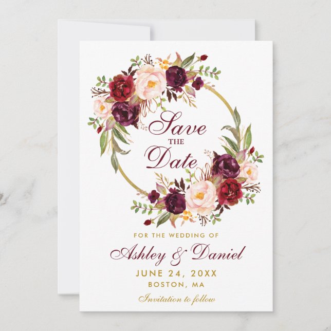 Save The Date Burgundy Floral Wreath Gold Enregistrer La Date GB (Devant)