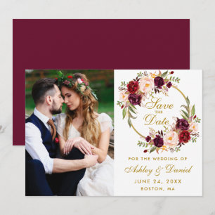 Save The Date Burgundy Floral Wreath Gold Enregistrer la date Ph
