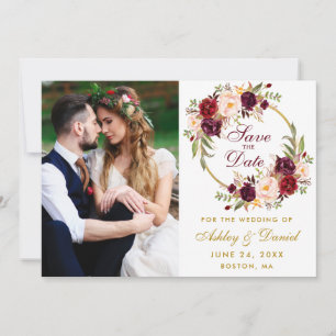 Save The Date Burgundy Floral Wreath Gold Photo Enregistrer La D