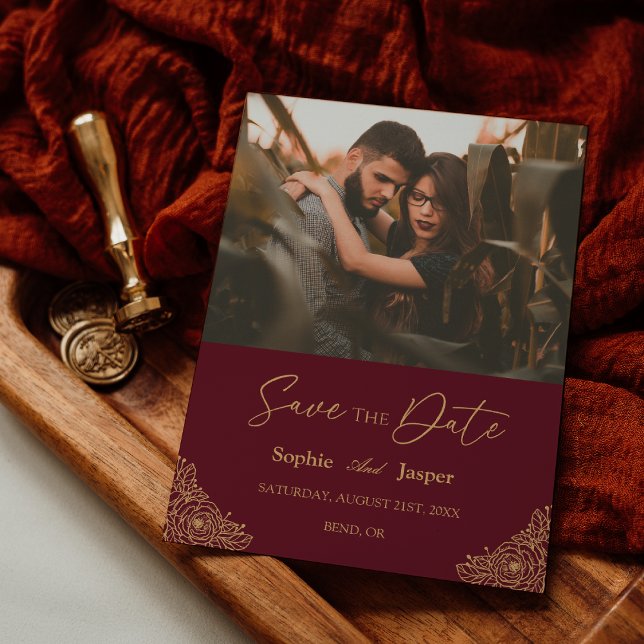Save The Date Burgundy Gold Floral Mariage Photo Enregistrer La  (Créateur téléchargé)