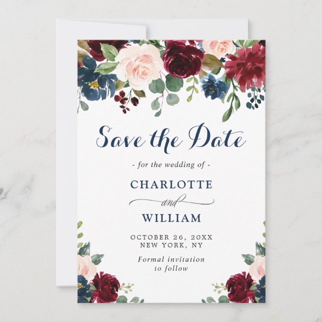 Save The Date Burgundy Marine Bleu Aquarelle Bleu Mariage Floral (Devant)