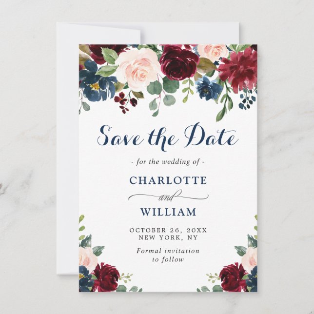 Save The Date Burgundy Marine Bleu Aquarelle Bleu Mariage Floral (Devant)