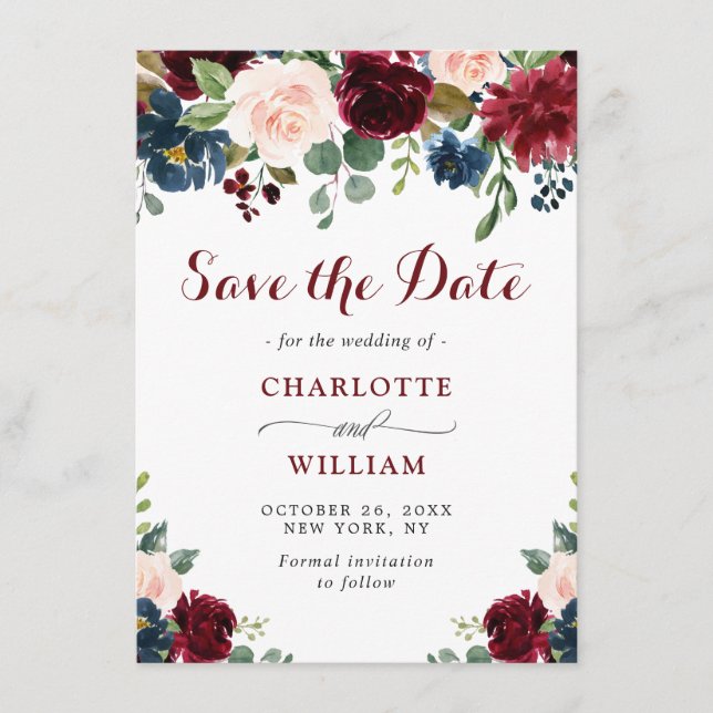 Save The Date Burgundy Marine Bleu Aquarelle Bleu Mariage Floral (Devant)
