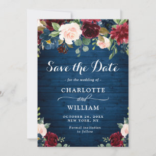 Save The Date Burgundy Marine Bleu Aquarelle Bleu Mariage Floral