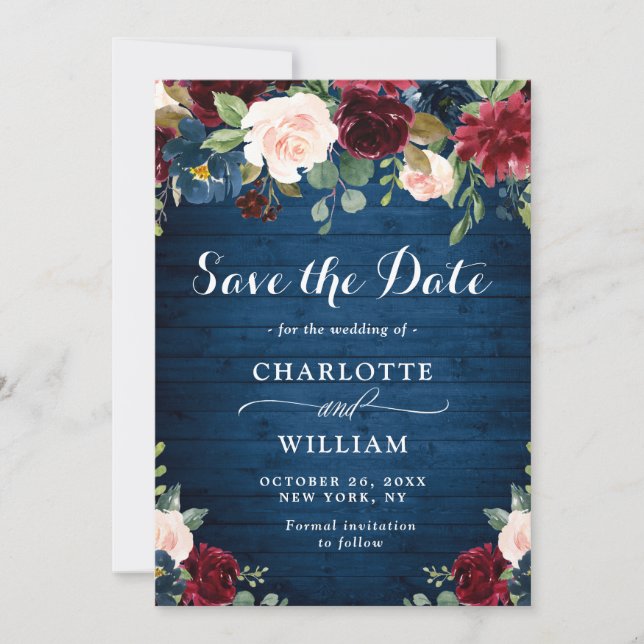 Save The Date Burgundy Marine Bleu Aquarelle Bleu Mariage Floral (Devant)
