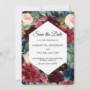 Save The Date Burgundy Marine bleu & rouge Aquarelle cadre flora