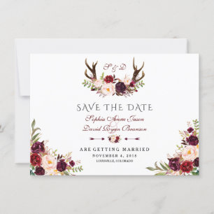 Save The Date Burgundy Marsala Floral Antlers Bleu Enregistrer L