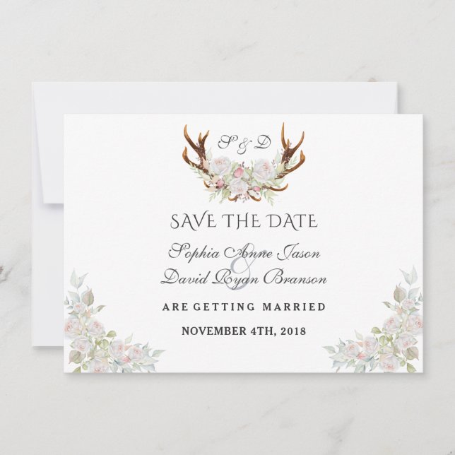 Save The Date Burgundy Marsala Floral Antlers Enregistrer La Dat (Devant)