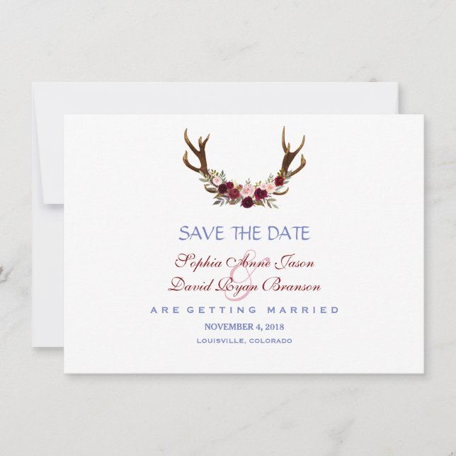 Save The Date Burgundy Marsala Floral Antlers Enregistrer La Dat (Devant)
