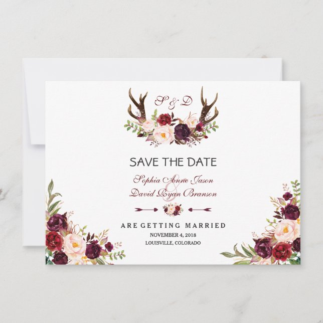 Save The Date Burgundy Marsala Floral Antlers Enregistrer La Dat (Devant)