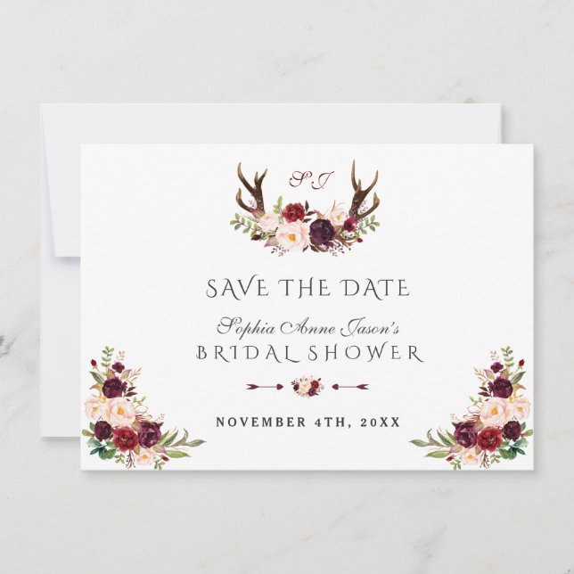 Save The Date Burgundy Marsala Floral Cerfs Mariage (Devant)