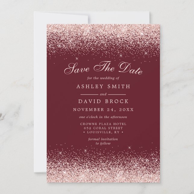 Save The Date Burgundy Moderne Confettis Rose Gold (Devant)