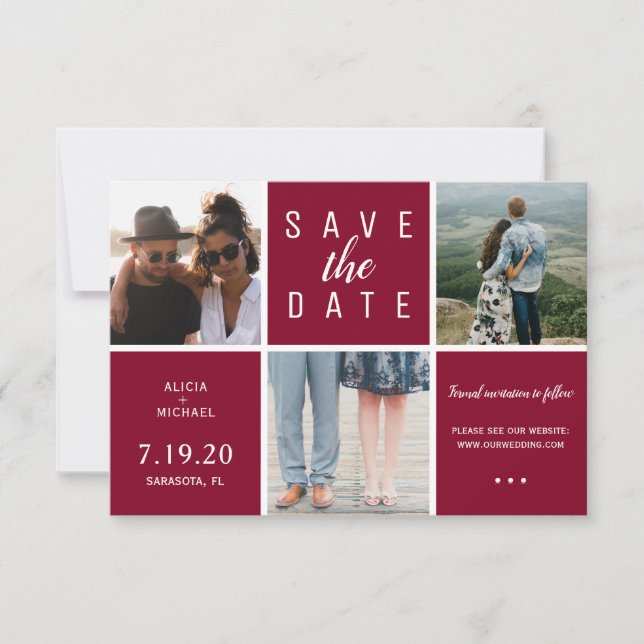 Save The Date Burgundy moderne simple 3 photo collage mariage (Devant)
