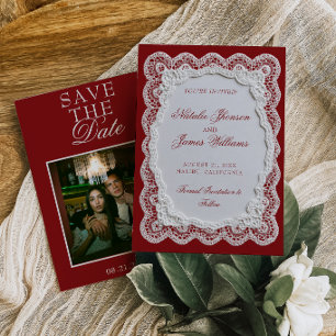 Save The Date Burgundy nappe en dentelle blanche Mariage Photo a
