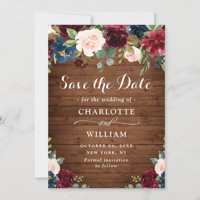 Save The Date Burgundy Navy Blue Blush Rustic Floral Mariage (Devant)