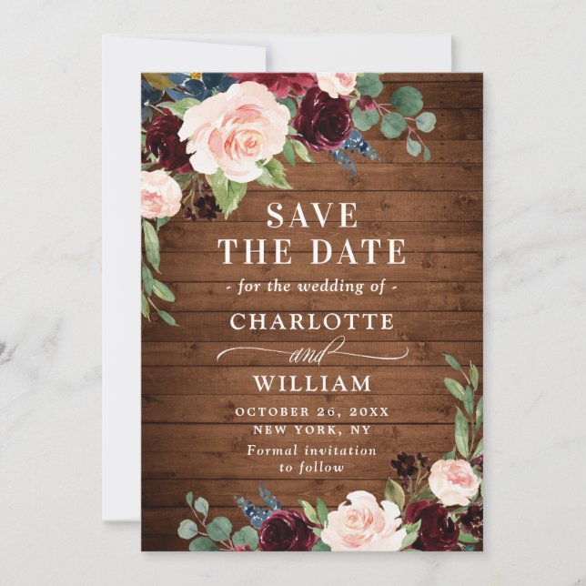 Save The Date Burgundy Navy Blue Blush Rustic Floral Mariage (Devant)
