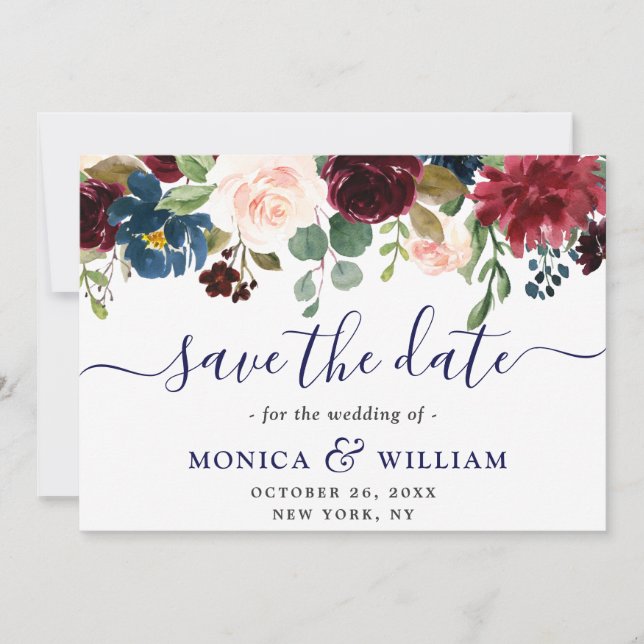 Save The Date Burgundy Navy Blue Blush Rustic Floral Mariage (Devant)