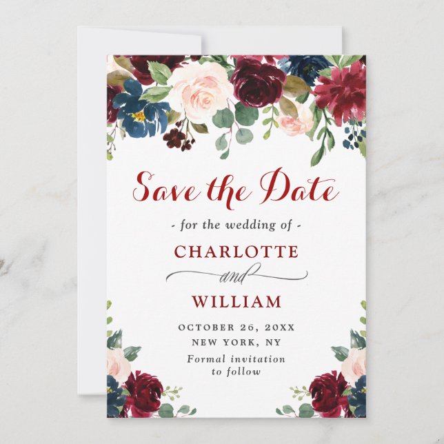 Save The Date Burgundy Navy Blue Blush Rustic Floral Mariage (Devant)