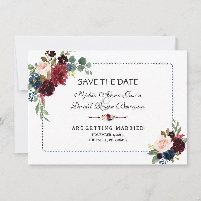 Save The Date Burgundy Navy Blue Floral Frame Enregistrer La Dat (Devant)