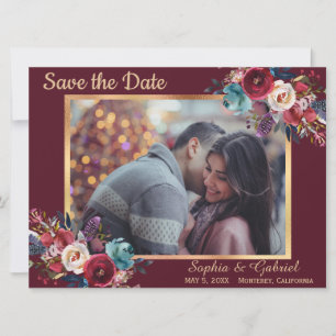 Save The Date Burgundy Navy Floral Modern Photo Enregistrer la d